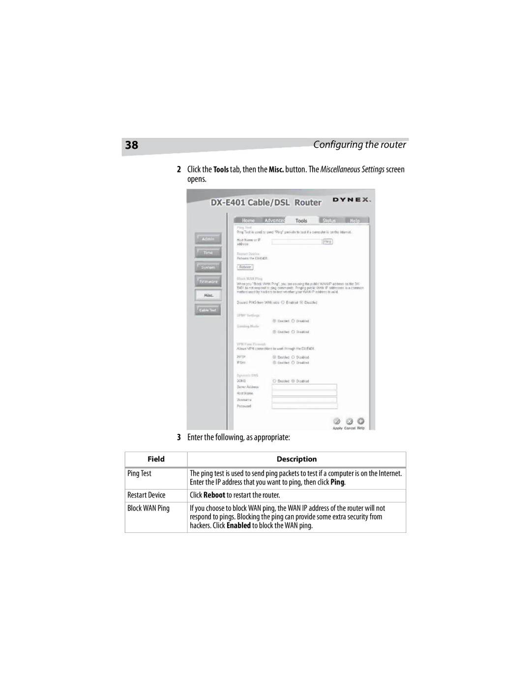 Dynex DX-E401 manual Ping Test, Click Reboot to restart the router, Hackers. Click Enabled to block the WAN ping 