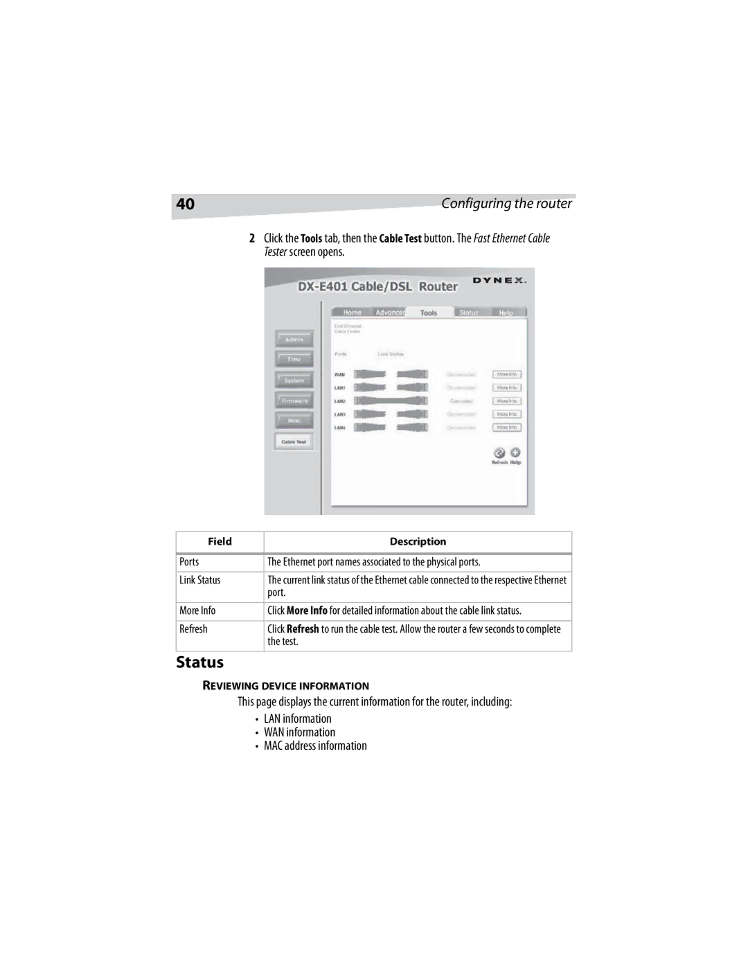 Dynex DX-E401 manual Link Status, More Info, Refresh, Test 