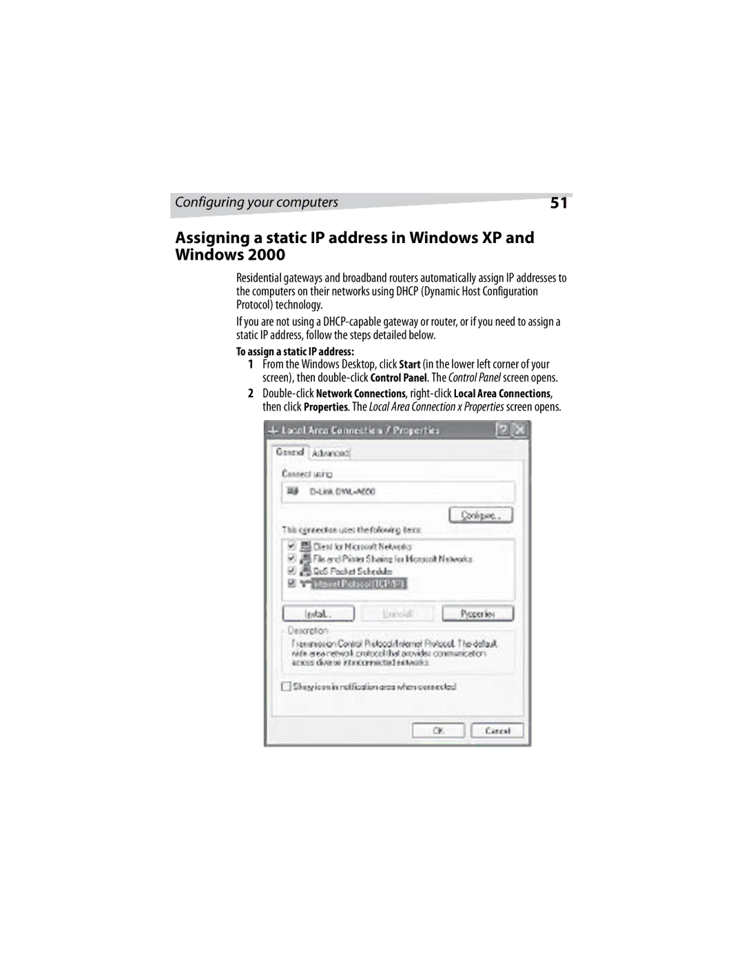 Dynex DX-E401 manual Assigning a static IP address in Windows XP and Windows, To assign a static IP address 