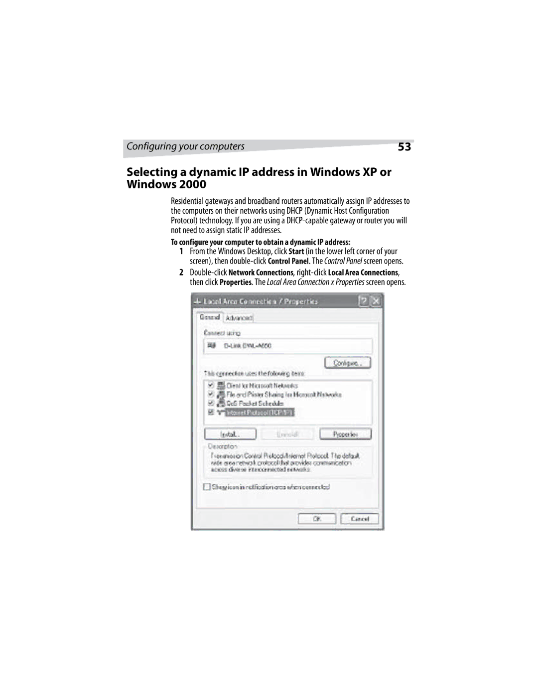 Dynex DX-E401 manual Selecting a dynamic IP address in Windows XP or Windows 