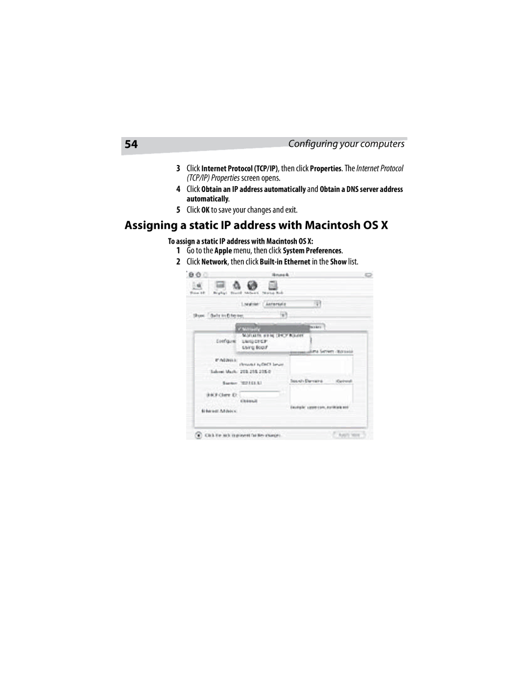 Dynex DX-E401 manual Assigning a static IP address with Macintosh OS, To assign a static IP address with Macintosh OS 