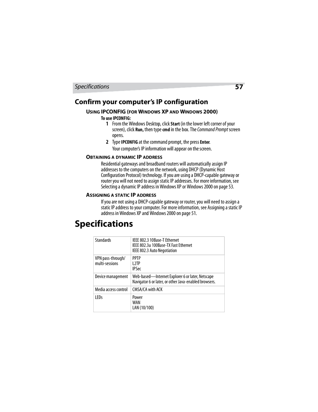 Dynex DX-E401 manual Specifications, Confirm your computer’s IP configuration, To use Ipconfig 