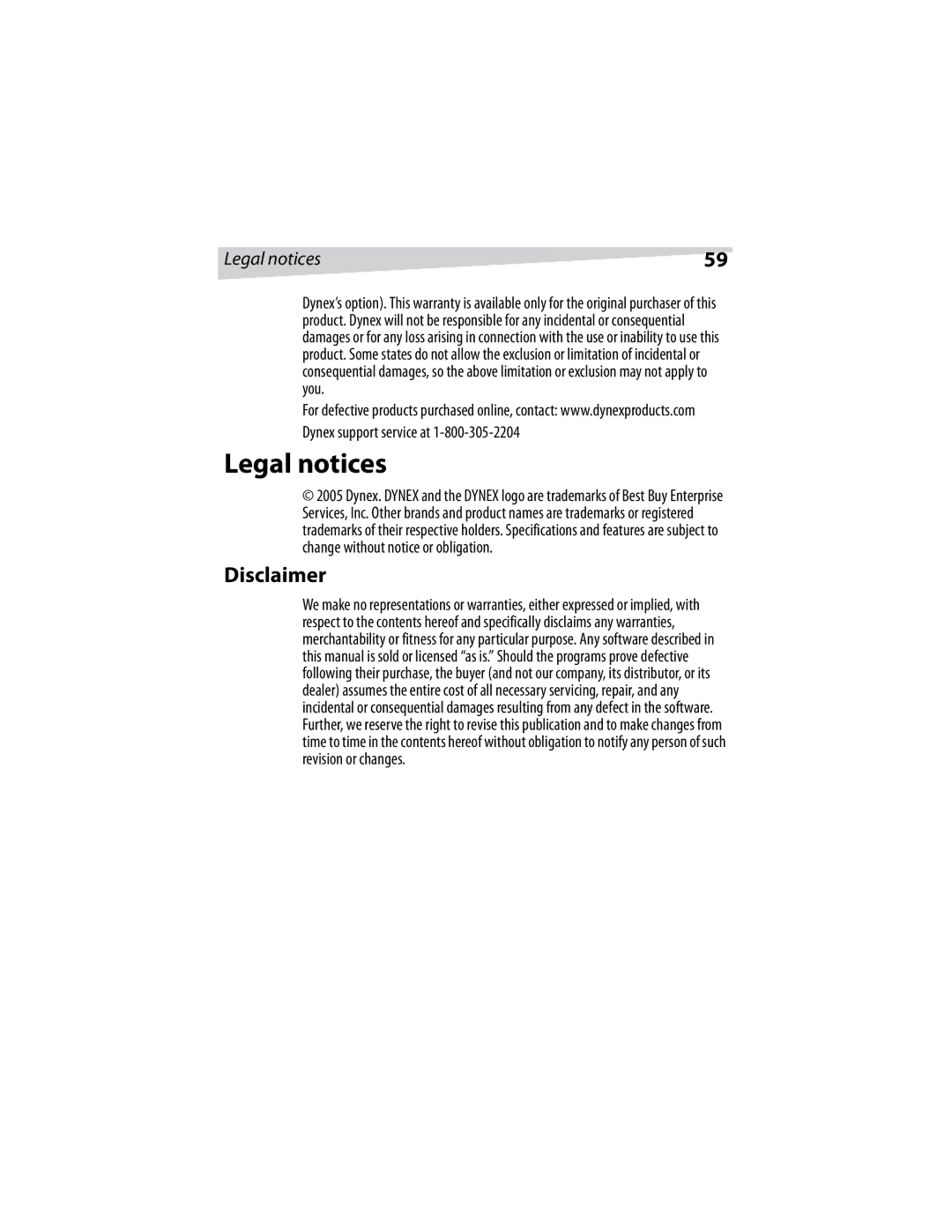 Dynex DX-E401 manual Legal notices, Disclaimer 