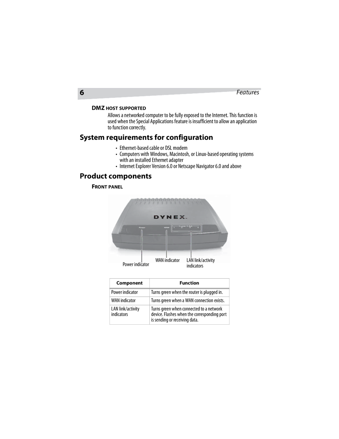 Dynex DX-E401 manual System requirements for configuration, Product components, Ethernet-based cable or DSL modem 