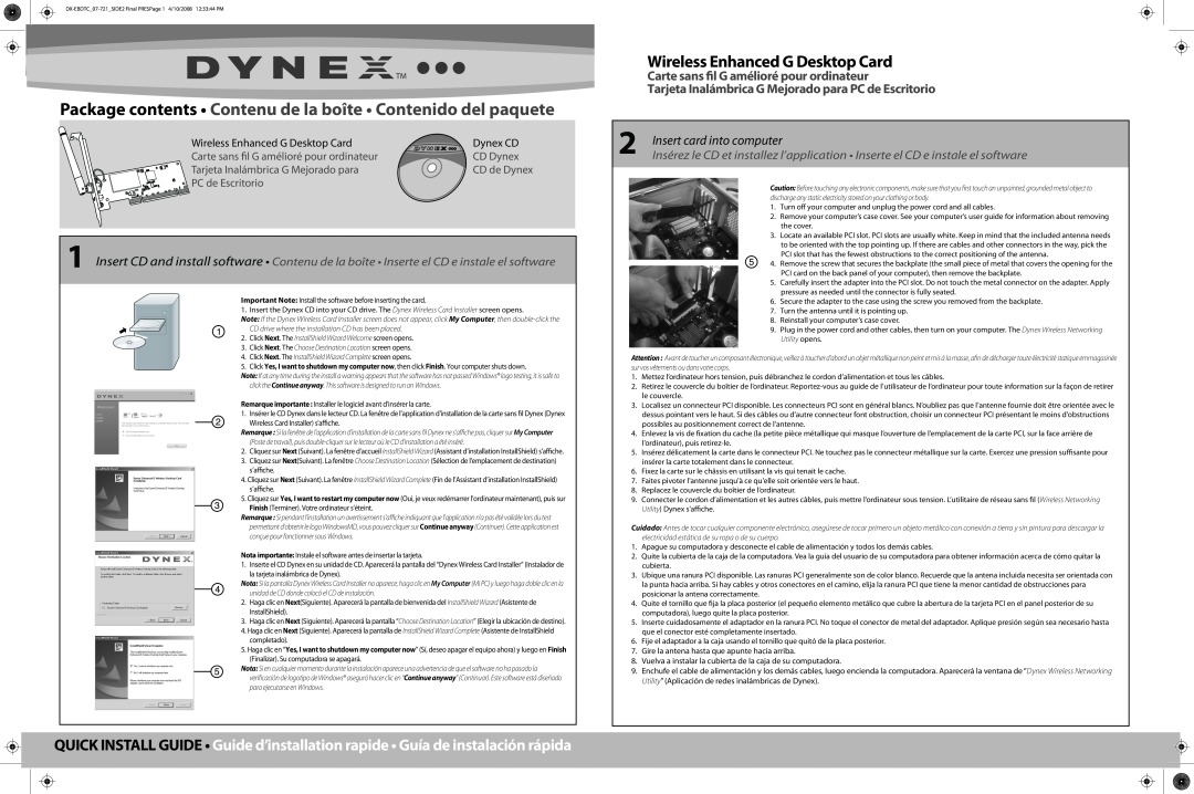 Dynex DX-EBDTC Package contents Contenu de la boîte Contenido del paquete, Wireless Enhanced G Desktop Card, Dynex CD 