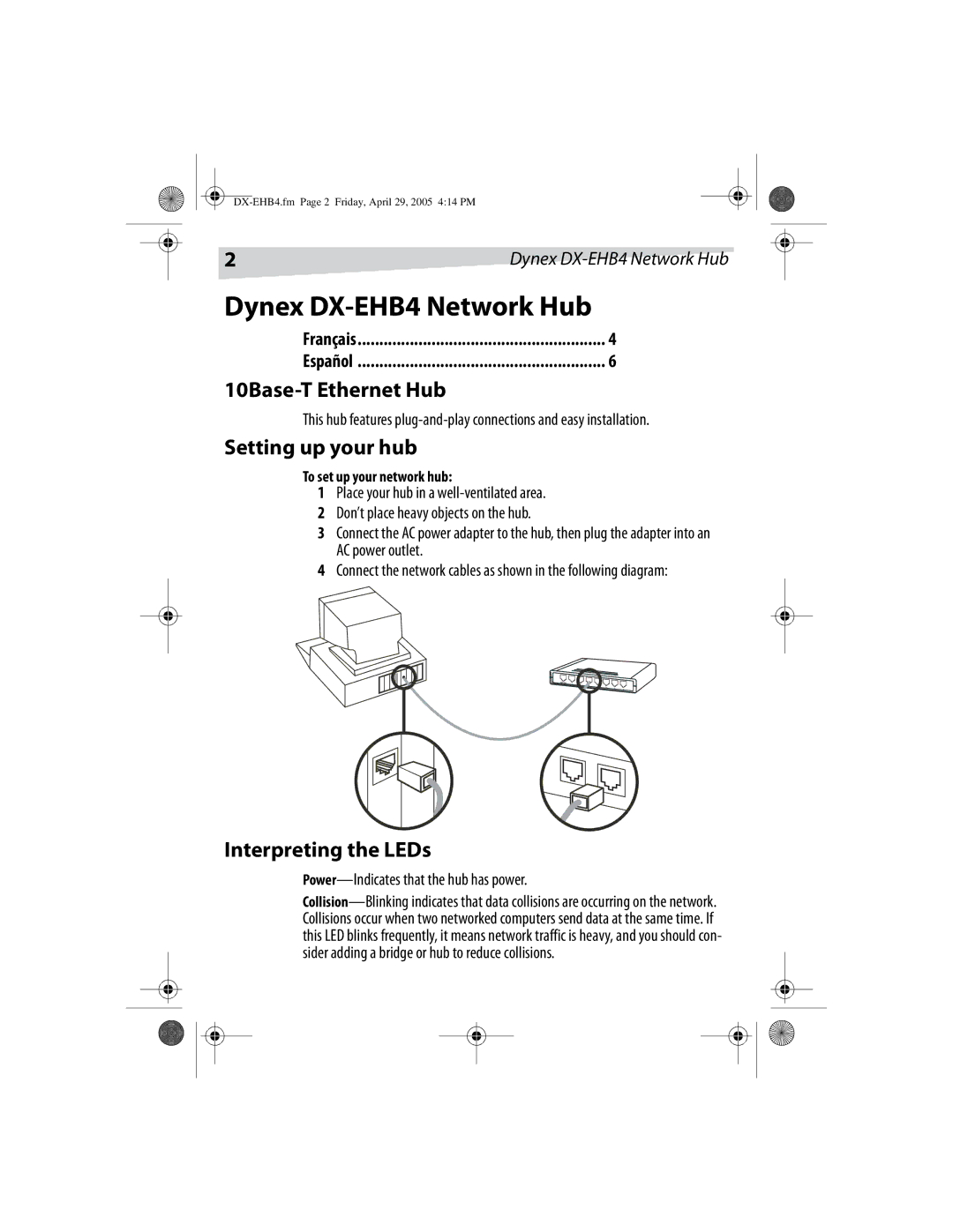 Dynex manual Dynex DX-EHB4 Network Hub, 10Base-T Ethernet Hub, Setting up your hub, Interpreting the LEDs 