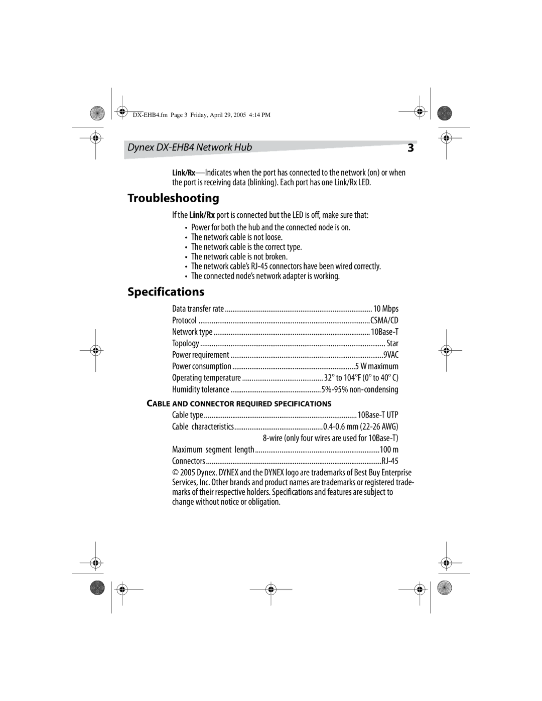 Dynex manual Troubleshooting, Specifications, Dynex DX-EHB4 Network Hub 