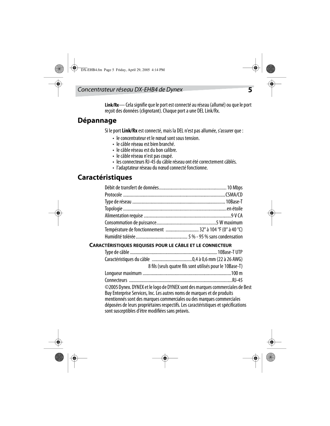 Dynex manual Dépannage, Caractéristiques, Concentrateur réseau DX-EHB4 de Dynex, En étoile 