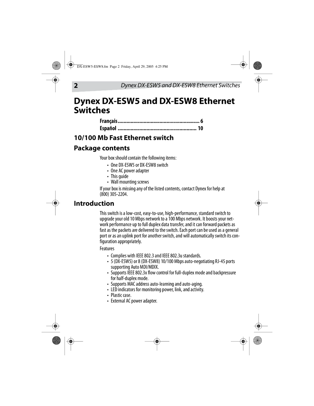 Dynex manual Dynex DX-ESW5 and DX-ESW8 Ethernet Switches, 10/100 Mb Fast Ethernet switch Package contents, Introduction 