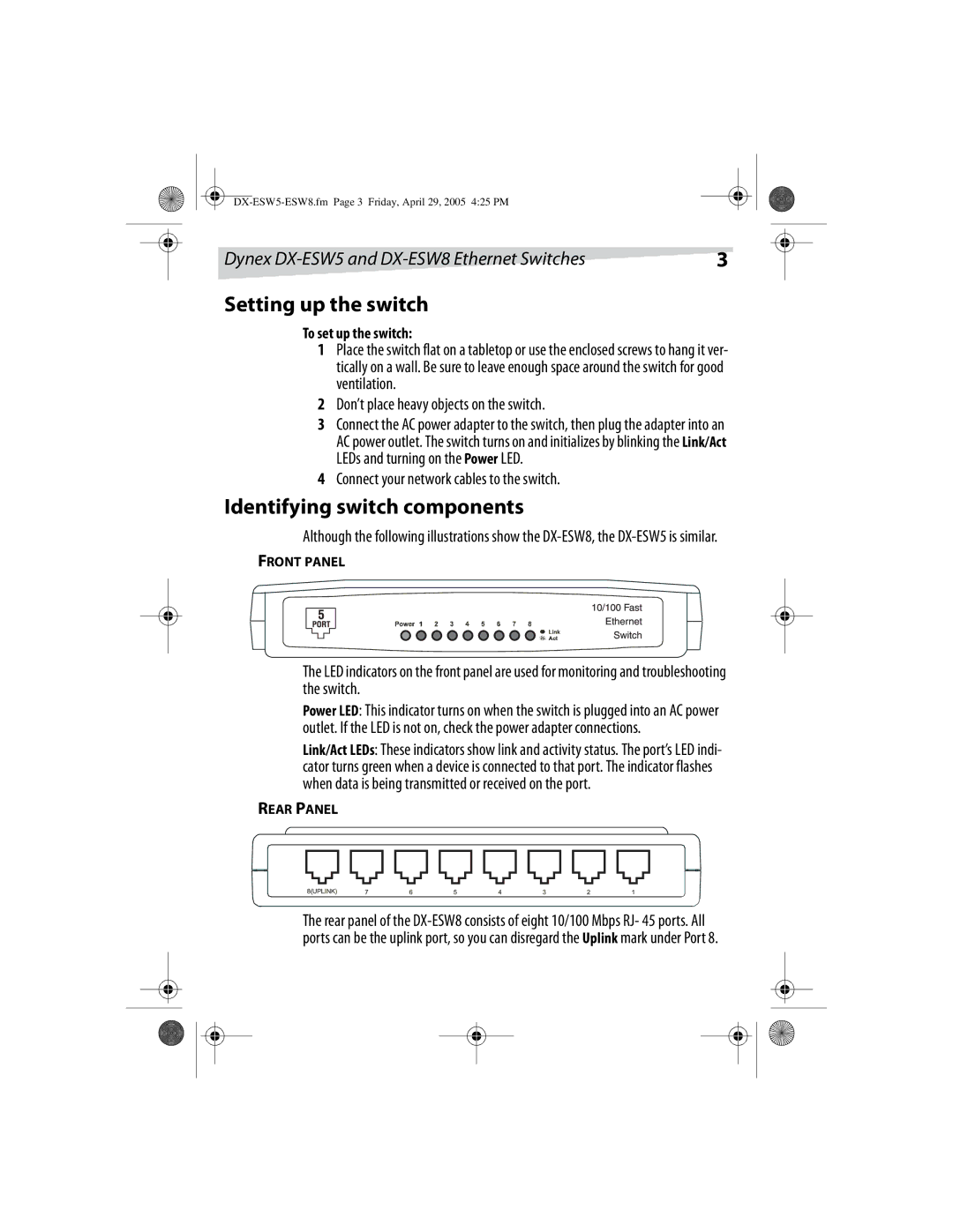 Dynex DX-ESW5, DX-ESW8 manual Setting up the switch, Identifying switch components, Don’t place heavy objects on the switch 