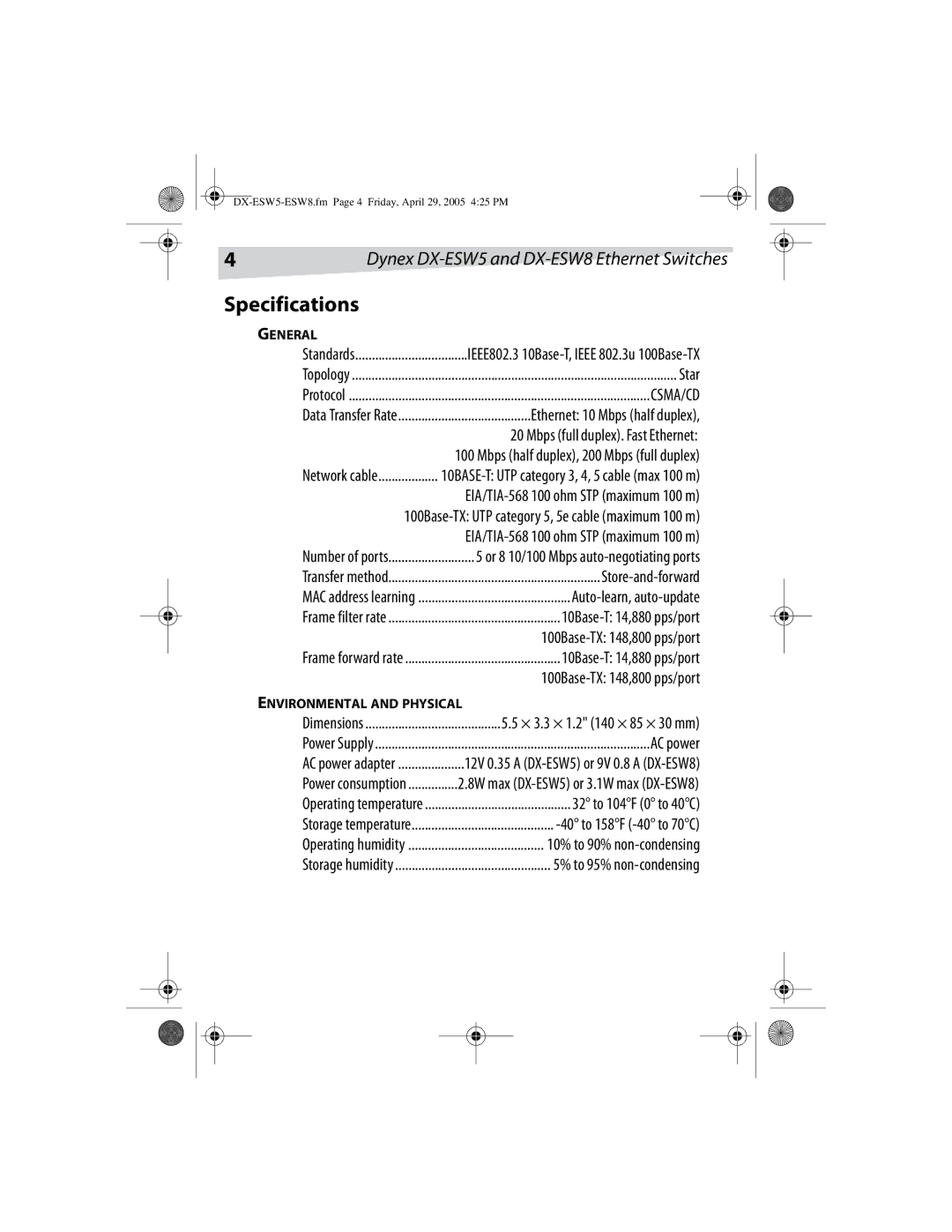 Dynex DX-ESW8, DX-ESW5 manual Specifications 