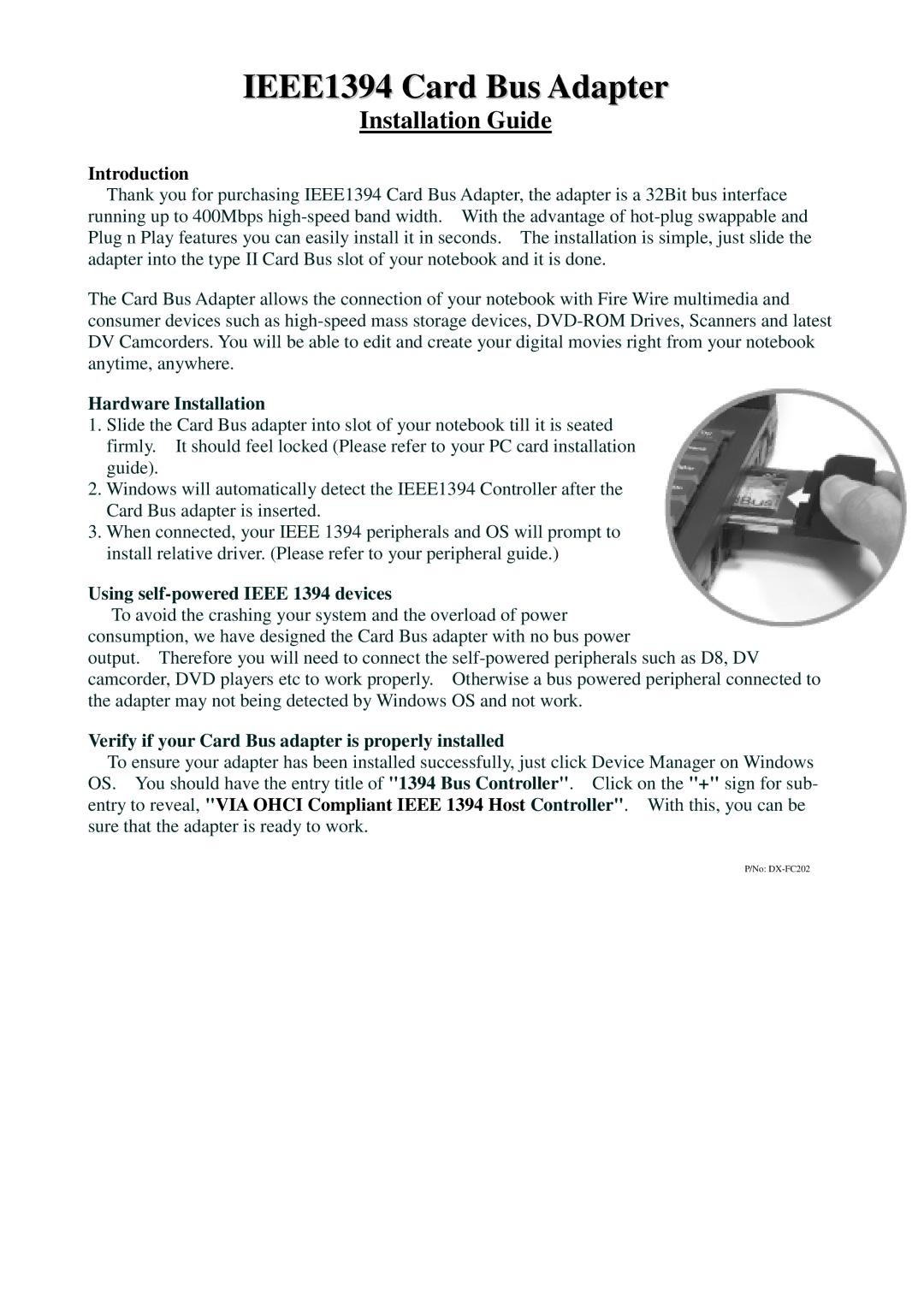 Dynex DX-FC202 manual IEEE1394 Card Bus Adapter, Installation Guide, Hardware Installation 