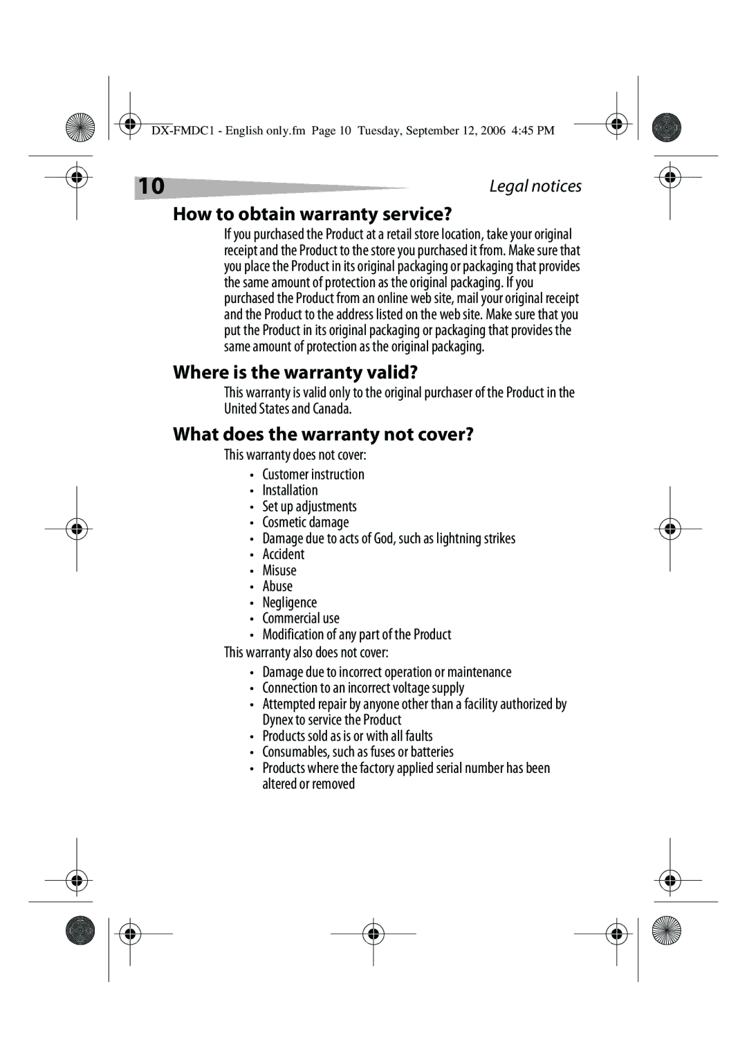 Dynex DX-FMDC1 manual How to obtain warranty service? 