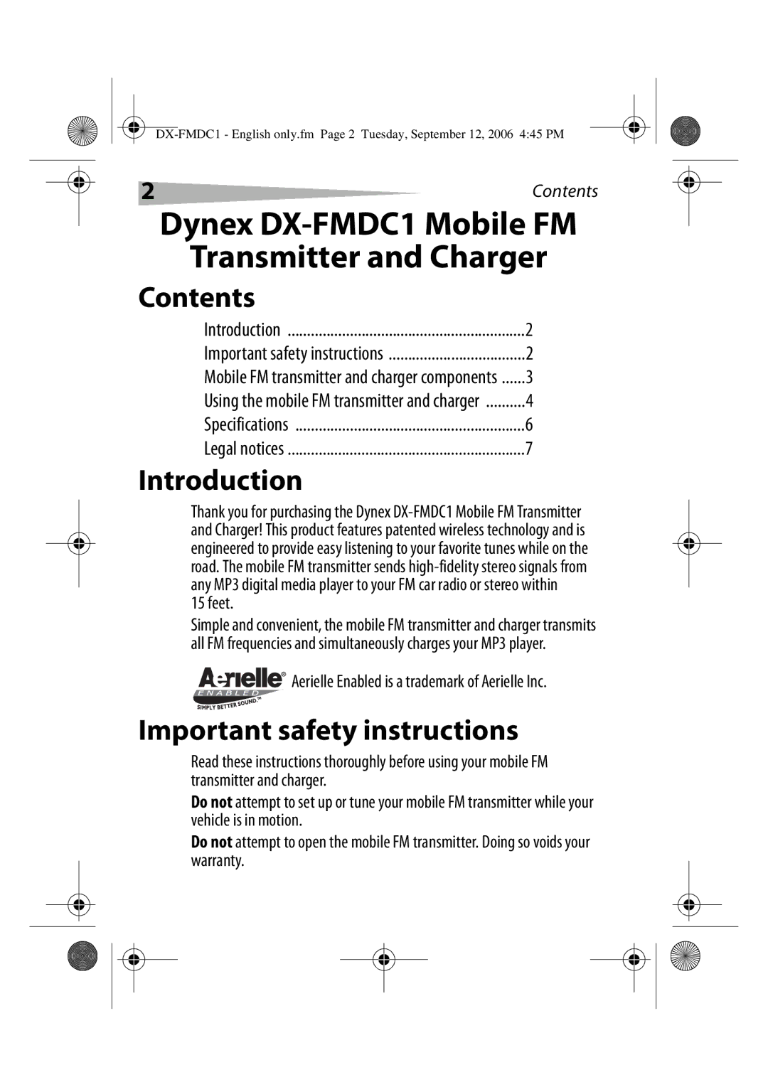 Dynex DX-FMDC1 manual Contents, Introduction, Important safety instructions 