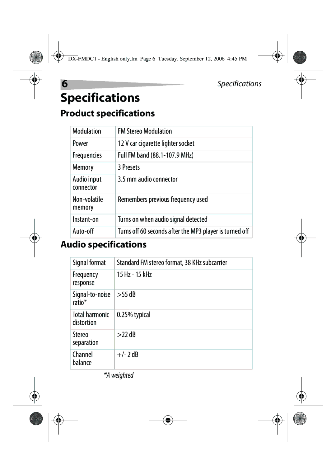 Dynex DX-FMDC1 manual Specifications, Product specifications 