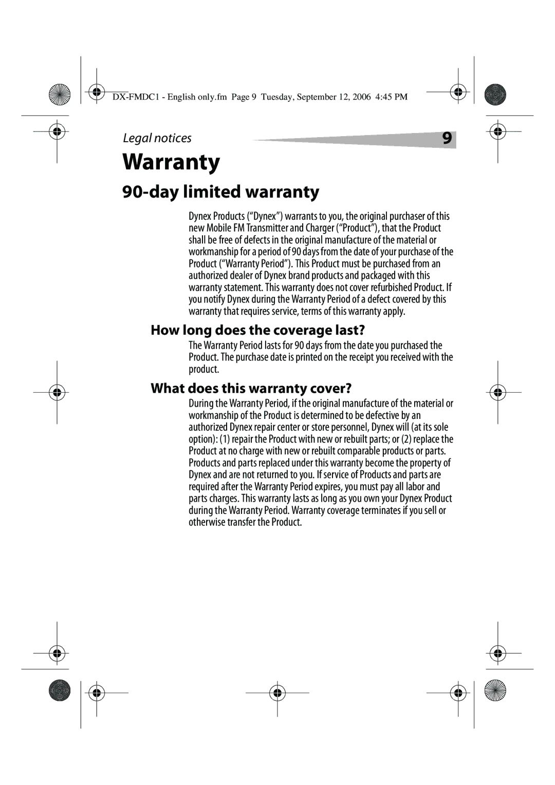 Dynex DX-FMDC1 manual Warranty 