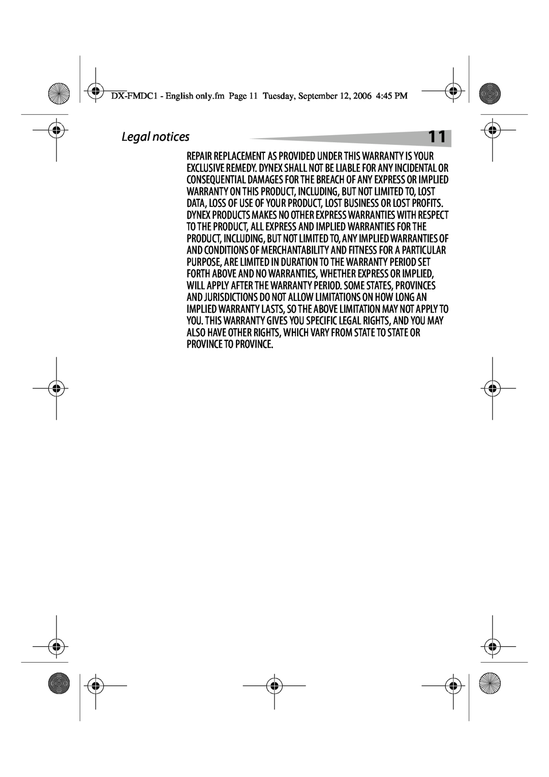 Dynex DX-FMDC1 manual Legal notices, Province To Province 