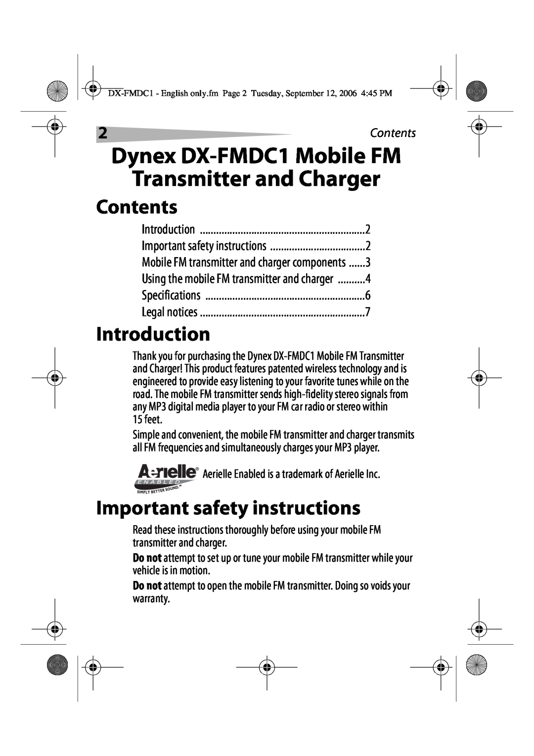 Dynex manual Dynex DX-FMDC1Mobile FM Transmitter and Charger, Contents, Introduction, Important safety instructions 