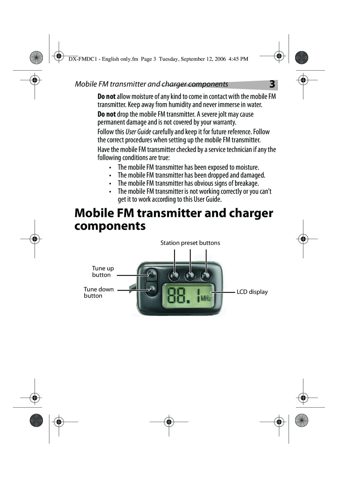 Dynex DX-FMDC1 manual Mobile FM transmitter and charger components 