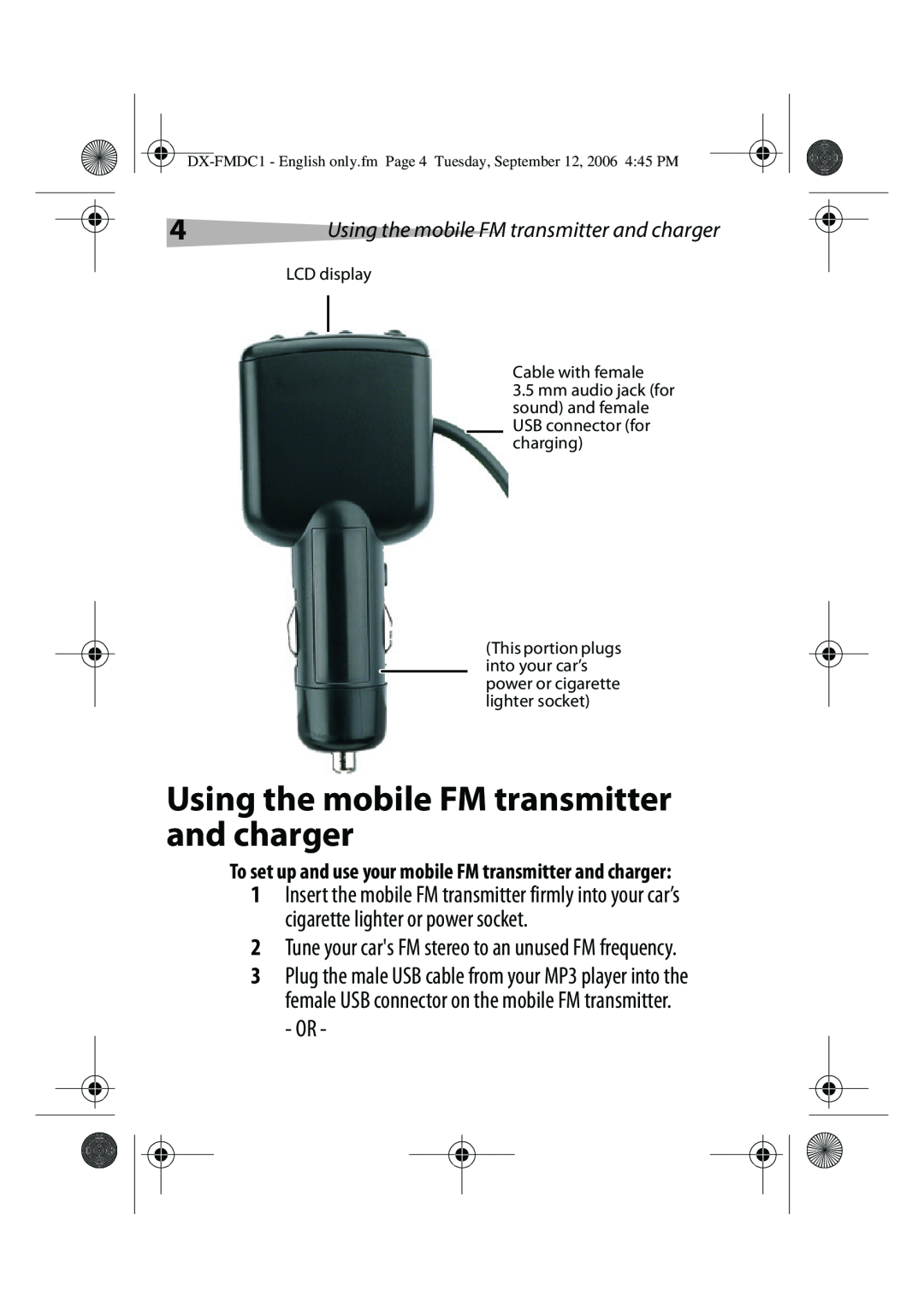 Dynex DX-FMDC1 manual Using the mobile FM transmitter and charger, LCD display, Cable with female 