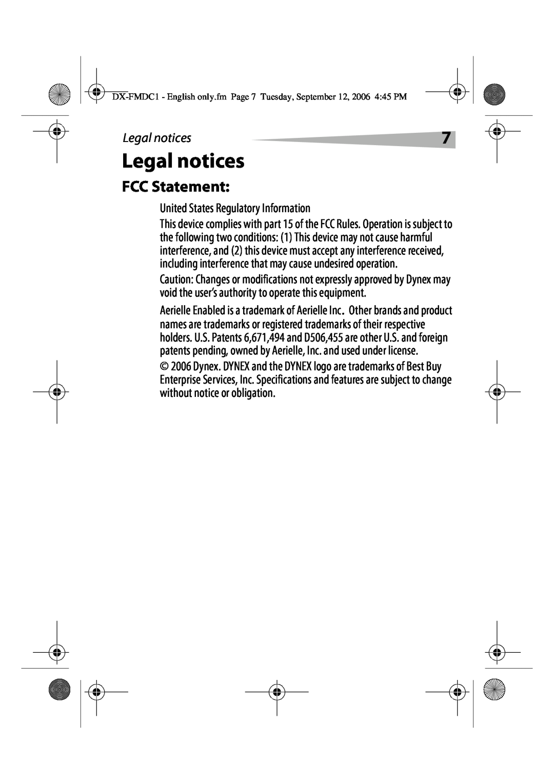 Dynex DX-FMDC1 manual Legal notices, FCC Statement 