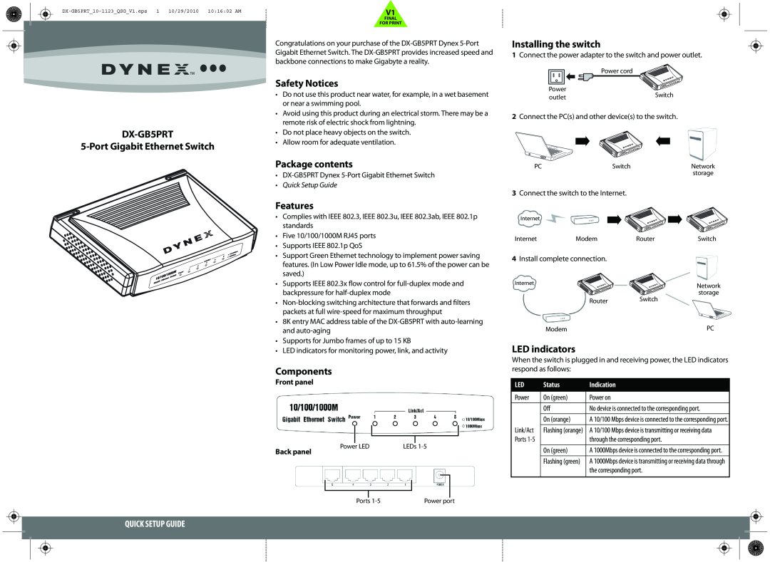 Dynex setup guide DX-GB5PRT 5-Port Gigabit Ethernet Switch, Safety Notices, Package contents, Features, Components 