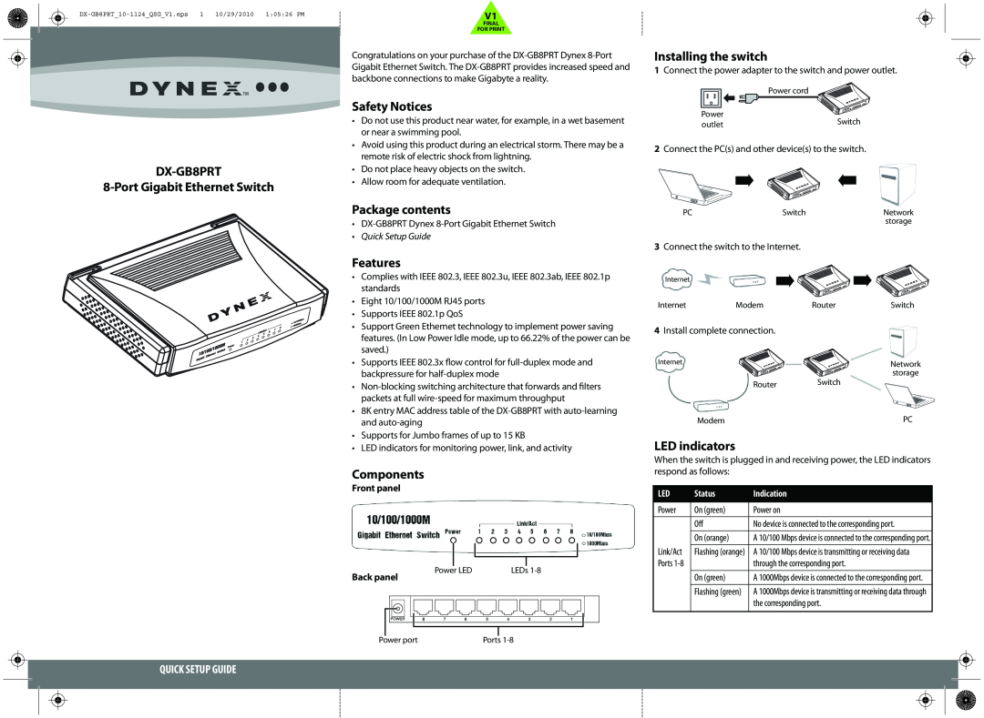 Dynex setup guide DX-GB8PRT 8-Port Gigabit Ethernet Switch, Safety Notices, Package contents, Features, Components 