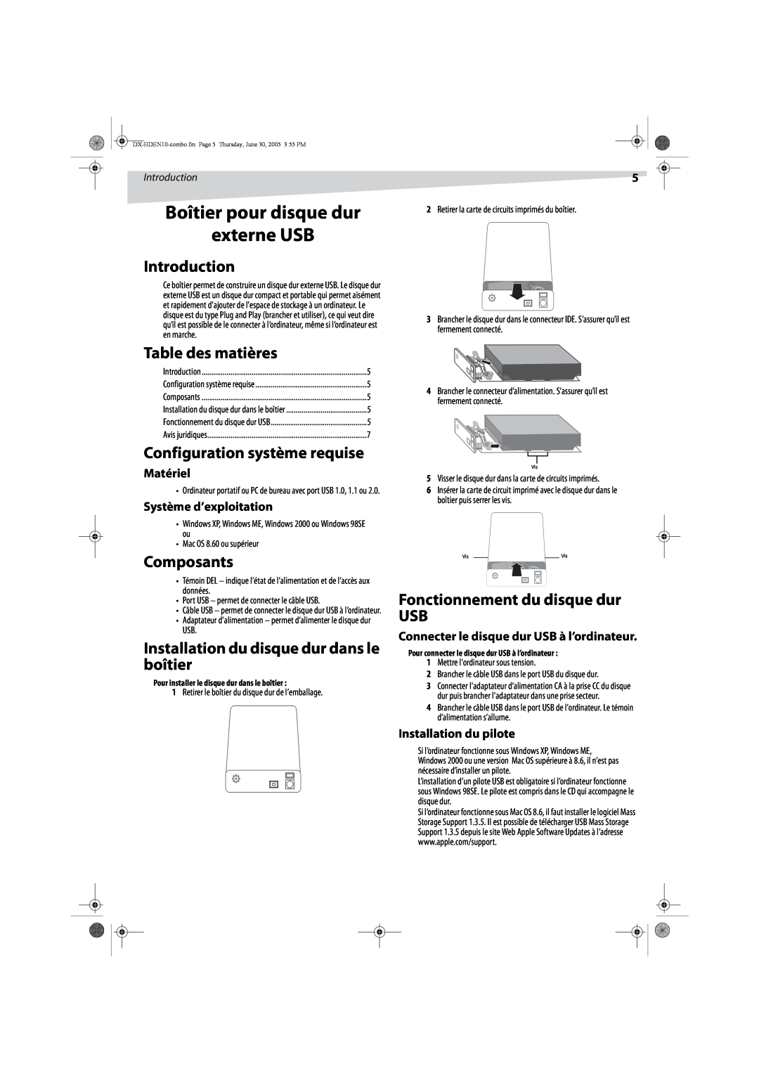 Dynex DX-HDEN10 manual Boîtier pour disque dur externe USB, Table des matières, Configuration système requise, Composants 