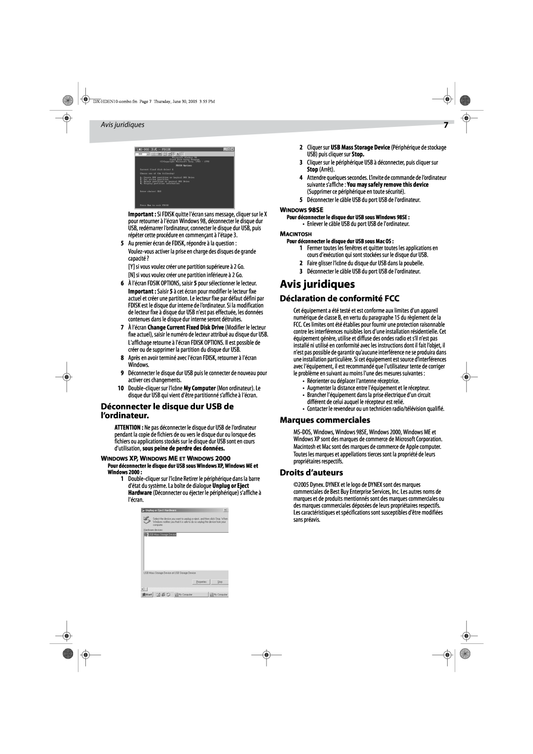 Dynex DX-HDEN10 manual Avis juridiques, Déconnecter le disque dur USB de l’ordinateur, Déclaration de conformité FCC 