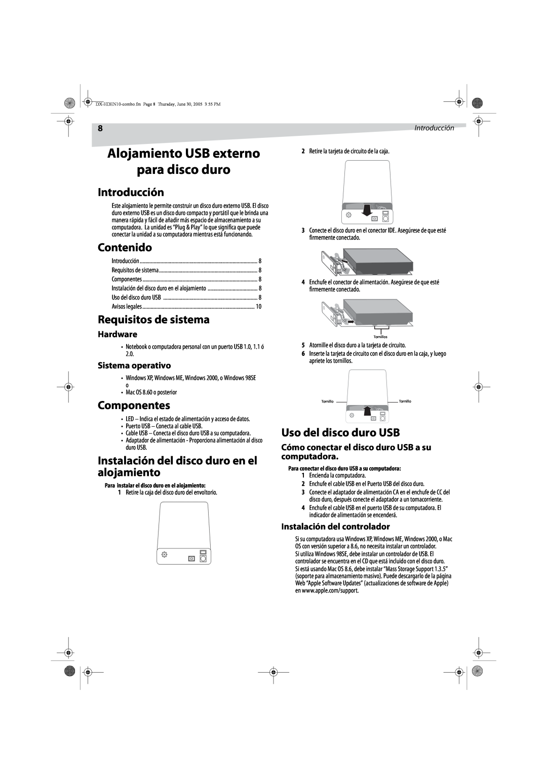 Dynex DX-HDEN10 manual Alojamiento USB externo para disco duro, Introducción, Contenido, Requisitos de sistema, Componentes 