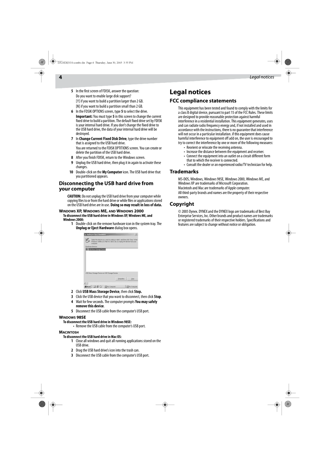 Dynex DX-HDEN10 Legal notices, Disconnecting the USB hard drive from your computer, FCC compliance statements, Trademarks 