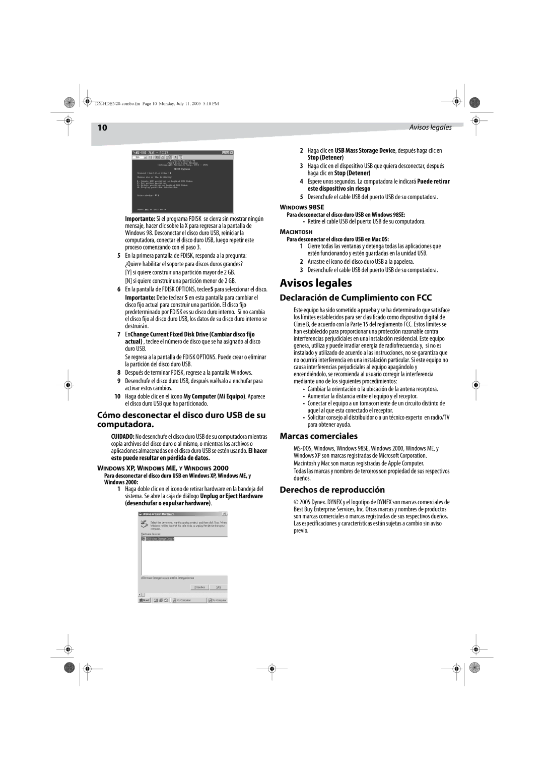 Dynex DX-HDEN20 Avisos legales, Cómo desconectar el disco duro USB de su computadora, Declaración de Cumplimiento con FCC 