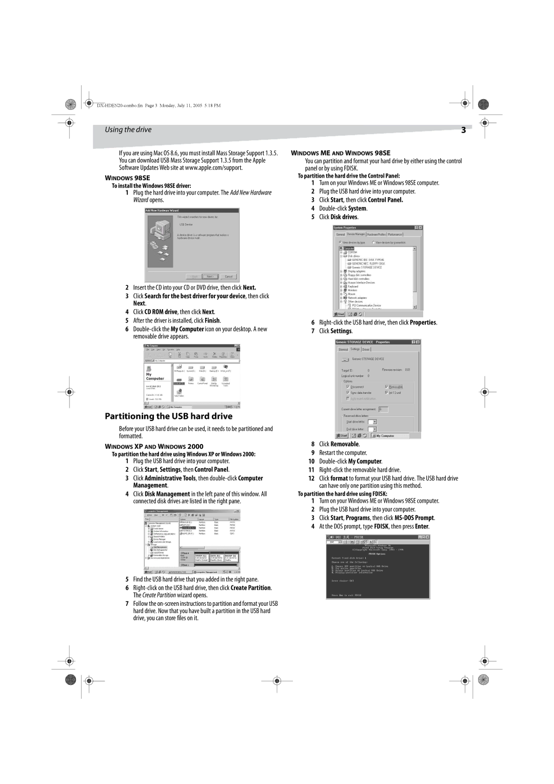 Dynex DX-HDEN20 manual Partitioning the USB hard drive, Using the drive 