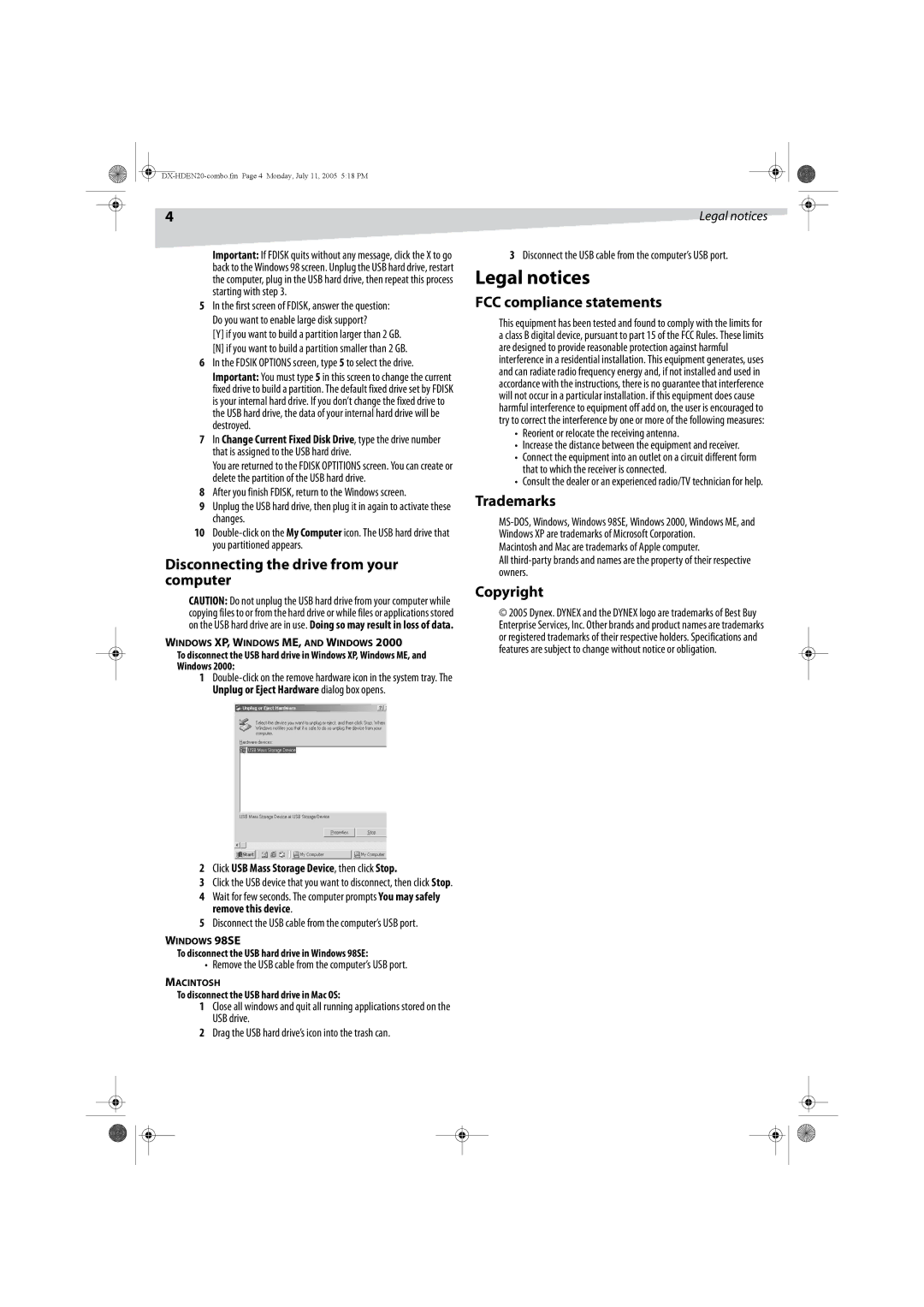 Dynex DX-HDEN20 manual Legal notices, Disconnecting the drive from your computer, FCC compliance statements, Trademarks 