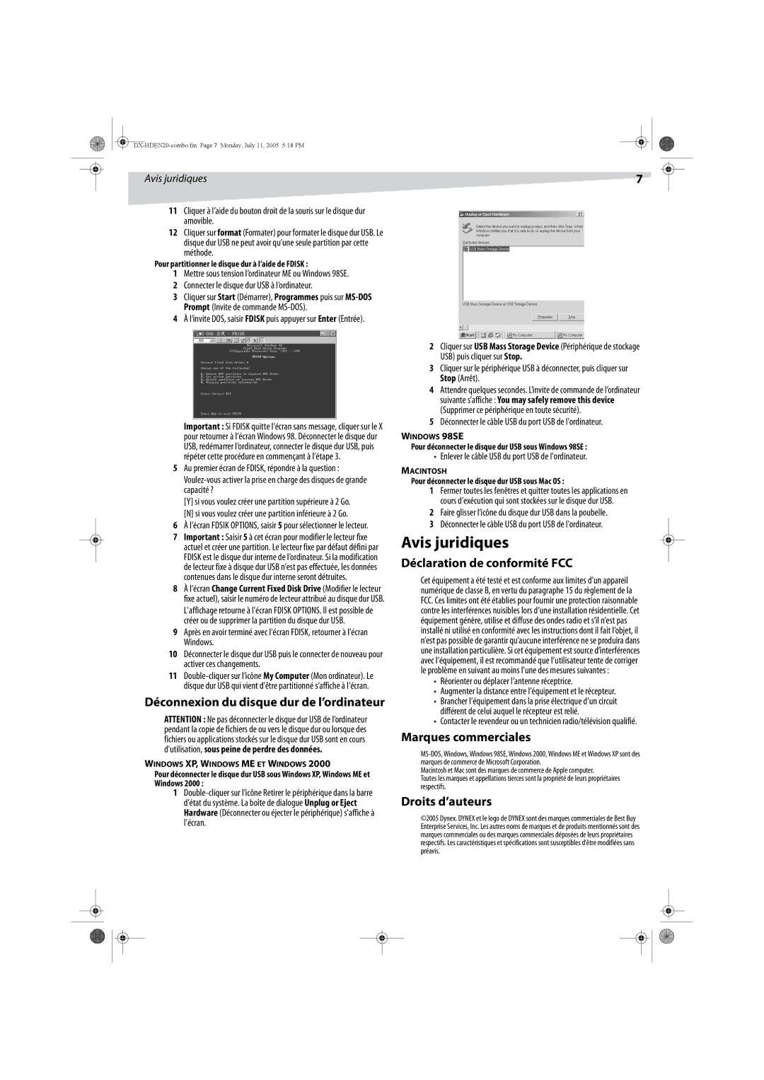 Dynex DX-HDEN20 manual Avis juridiques, Déclaration de conformité FCC, Marques commerciales, Droits d’auteurs 