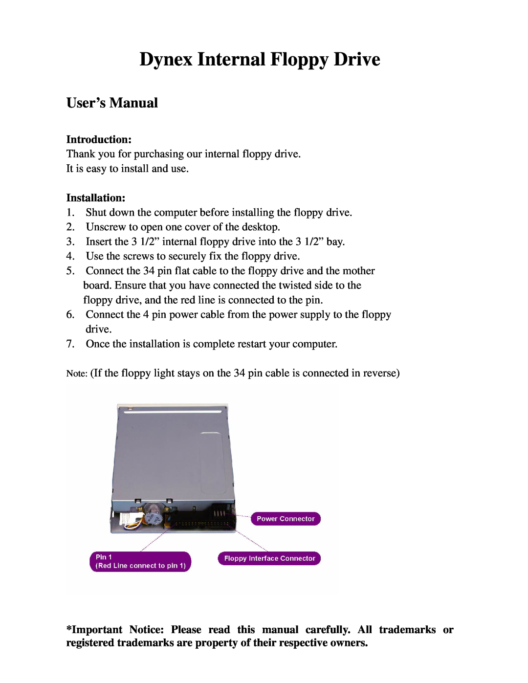 Dynex DX-IF101 user manual Dynex Internal Floppy Drive, User’s Manual, Introduction, Installation 