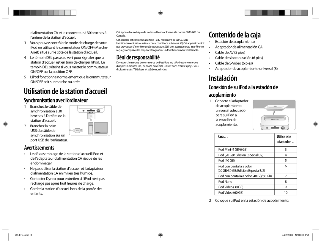 Dynex DX-IPD manual Contenido de la caja, Instalación, Avertissements, Déni de responsabilité 