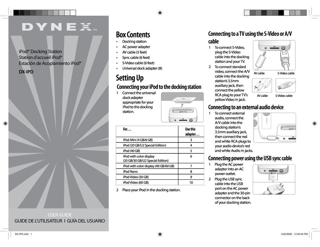 Dynex DX-IPD manual Box Contents, Setting Up, cable, Connecting to an external audio device, Dx-Ipd, For…, Use this 