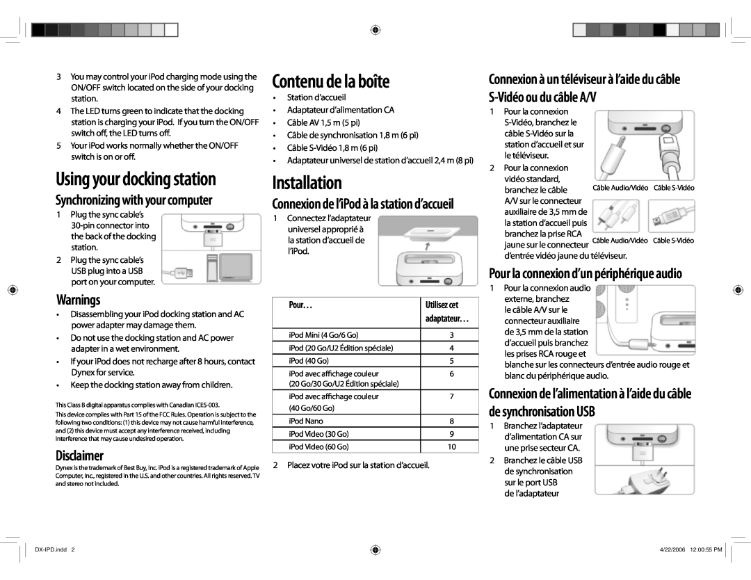 Dynex DX-IPD manual Contenu de la boîte, Installation, Warnings, Disclaimer, Synchronizing with your computer, Pour… 