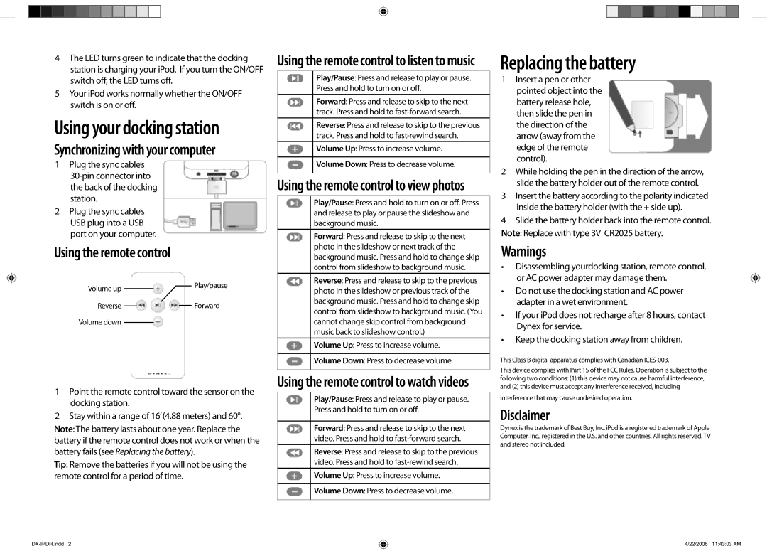 Dynex DX-IPDR manual Replacing the battery, Using your docking station, Using the remote control, Disclaimer 