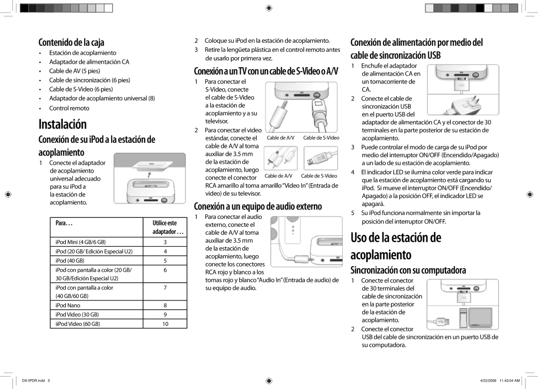 Dynex DX-IPDR Instalación, Contenido de la caja, Sincronización con su computadora, Conexión a un equipo de audio externo 