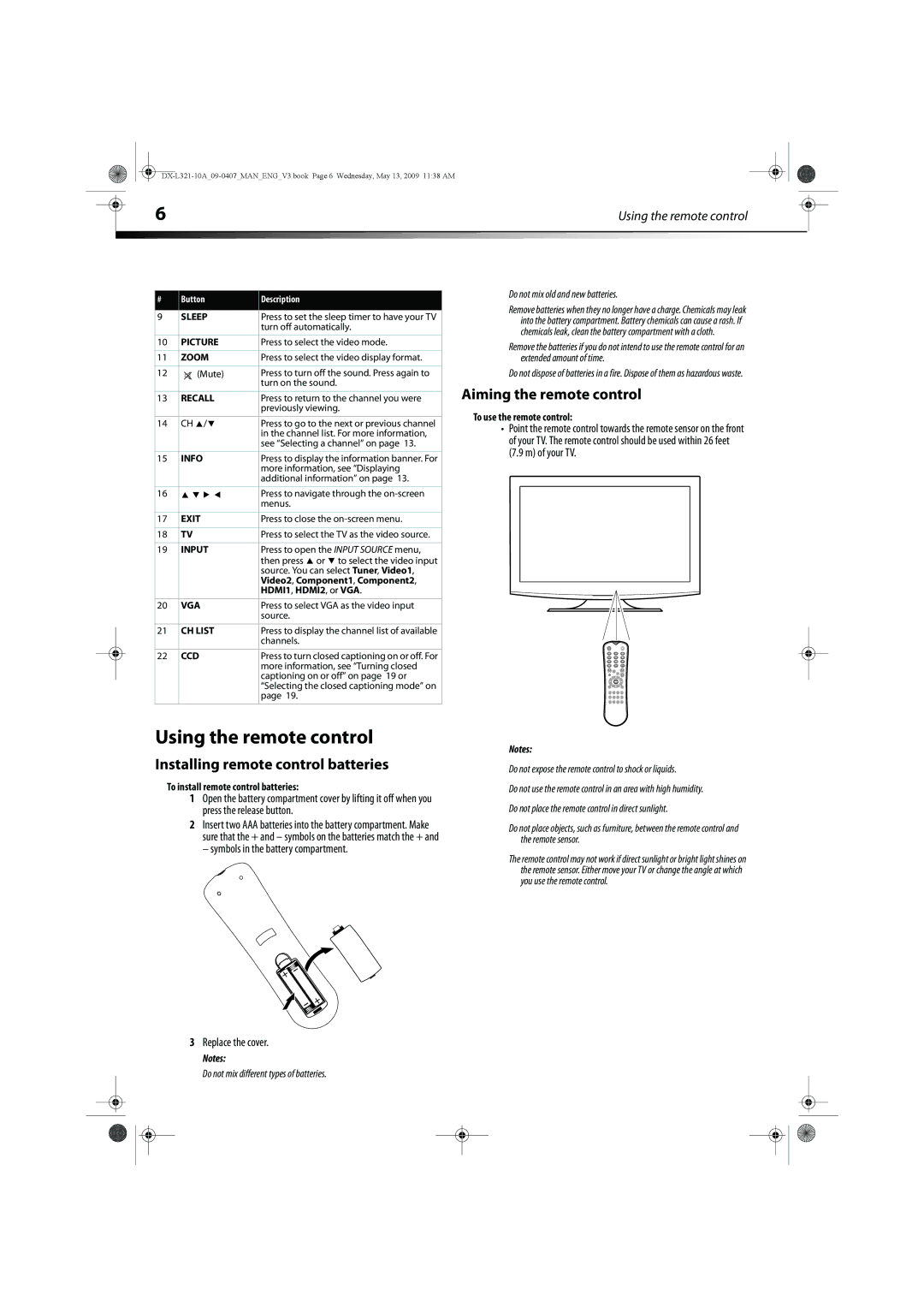 Dynex DX-L321-10A manual Using the remote control, Aiming the remote control, Installing remote control batteries 