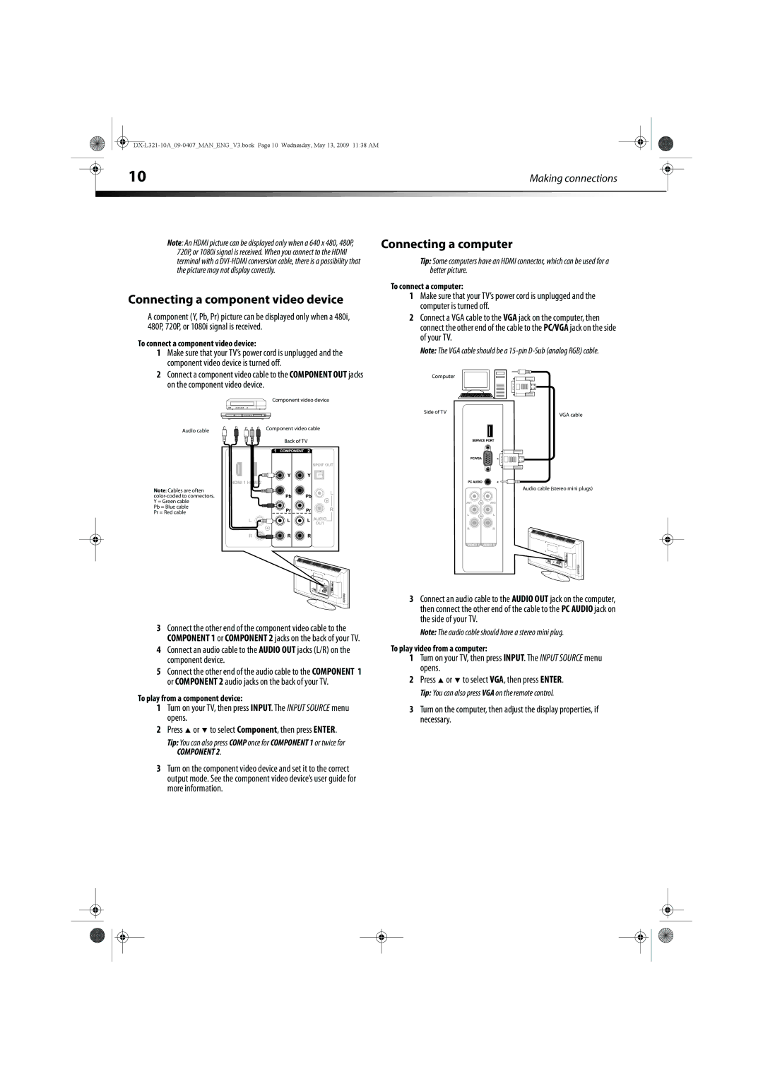 Dynex DX-L321-10A manual Connecting a component video device, Connecting a computer 