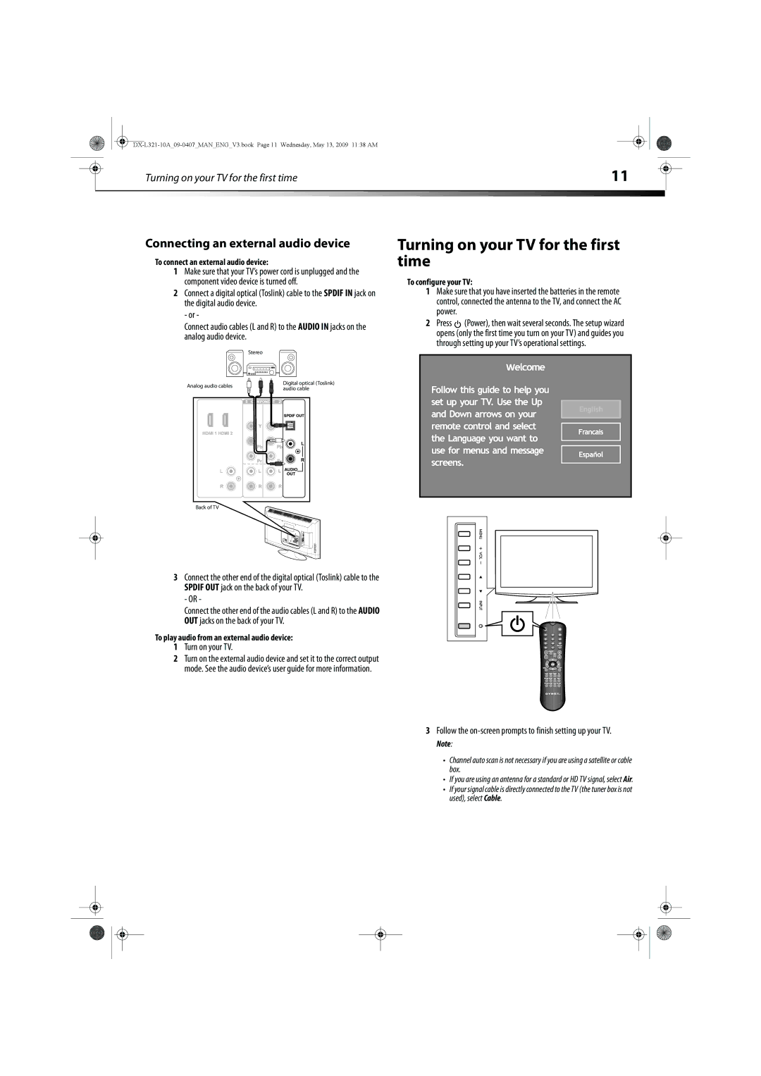 Dynex DX-L321-10A manual Turning on your TV for the first time, Connecting an external audio device, Turn on your TV 