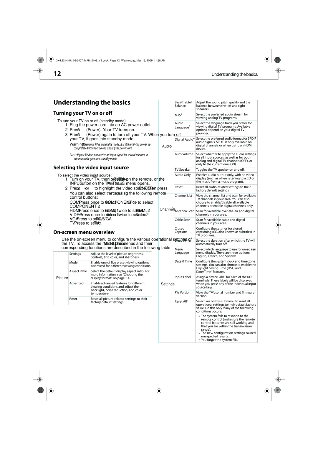 Dynex DX-L321-10A manual Understanding the basics, Turning your TV on or off, Selecting the video input source 