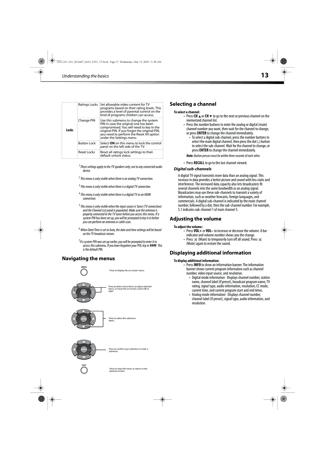 Dynex DX-L321-10A manual Selecting a channel, Navigating the menus, Adjusting the volume, Displaying additional information 