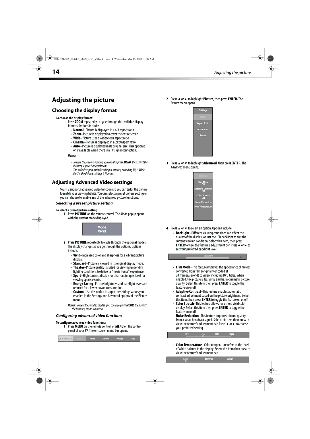 Dynex DX-L321-10A manual Adjusting the picture, Choosing the display format, Adjusting Advanced Video settings 