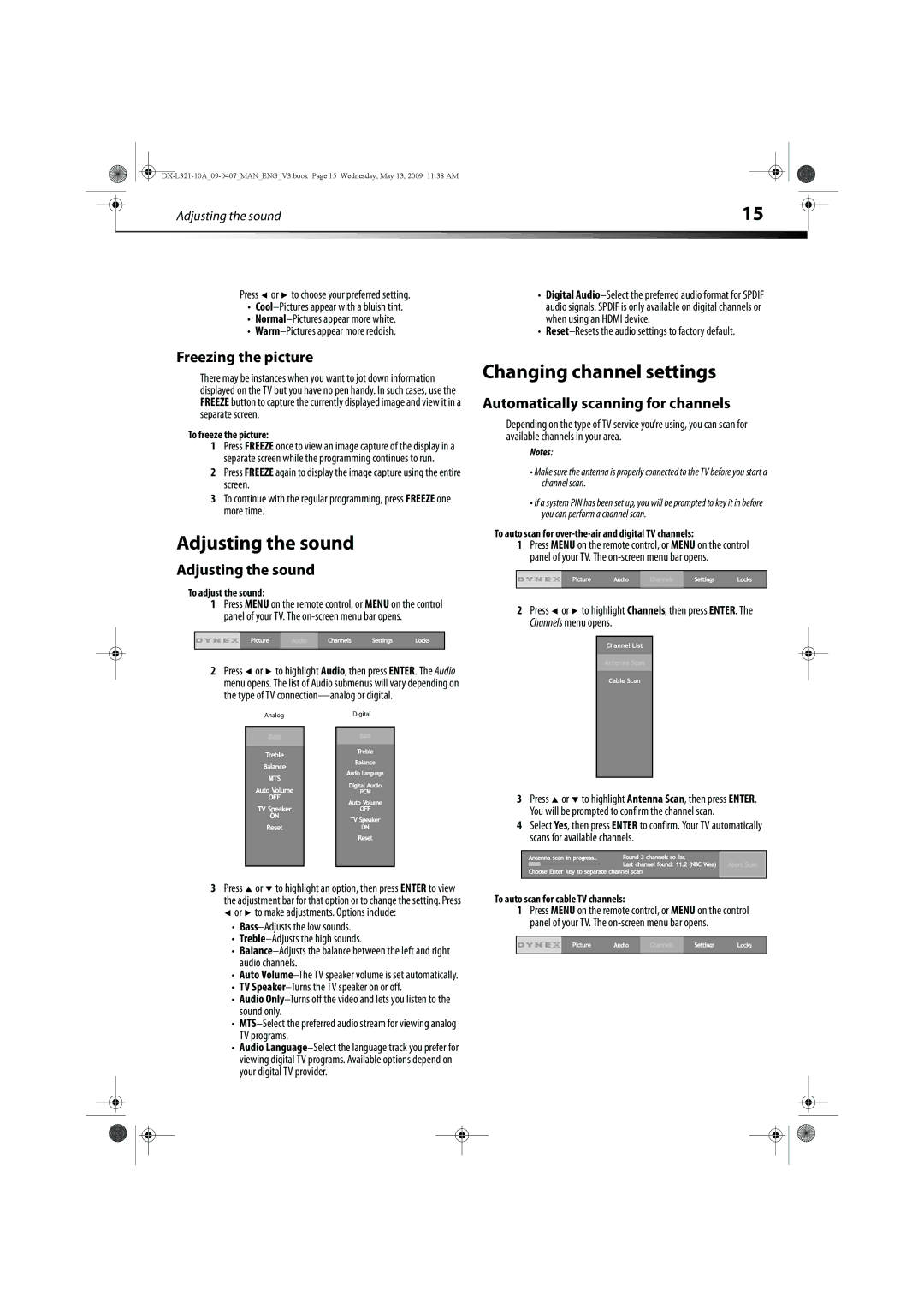 Dynex DX-L321-10A Adjusting the sound Changing channel settings, Freezing the picture, Automatically scanning for channels 
