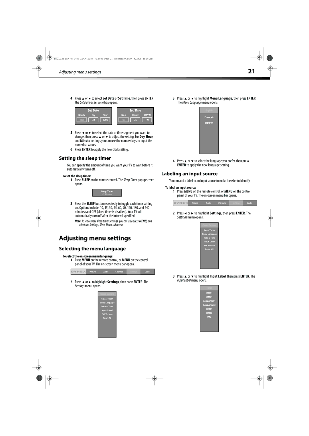 Dynex DX-L321-10A Adjusting menu settings, Setting the sleep timer, Selecting the menu language, Labeling an input source 