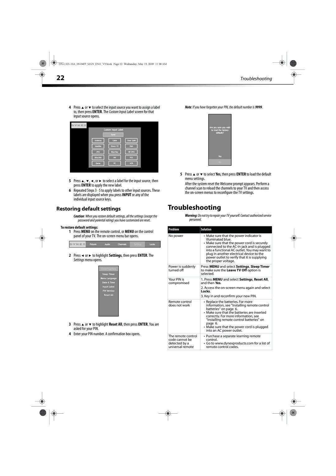 Dynex DX-L321-10A manual Troubleshooting, Restoring default settings, To restore default settings 